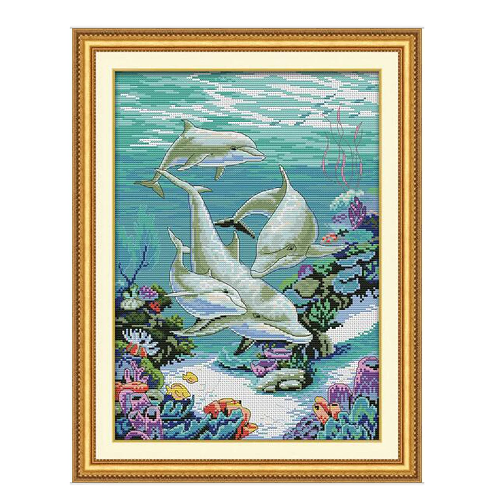 Dolphins 11CT Counted & Stamped Cross Stitch Kit for Adutls Beginners Embroidery Animals Patterns