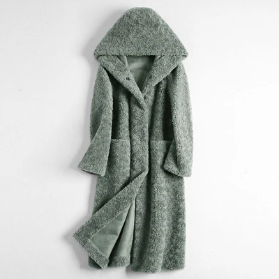 AYUNSUE, Женское пальто с натуральным мехом, осенне-зимняя шерстяная куртка для стрижки овец, длинное меховое пальто с капюшоном, куртки, Двусторонняя одежда 88015-1 - Цвет: Green
