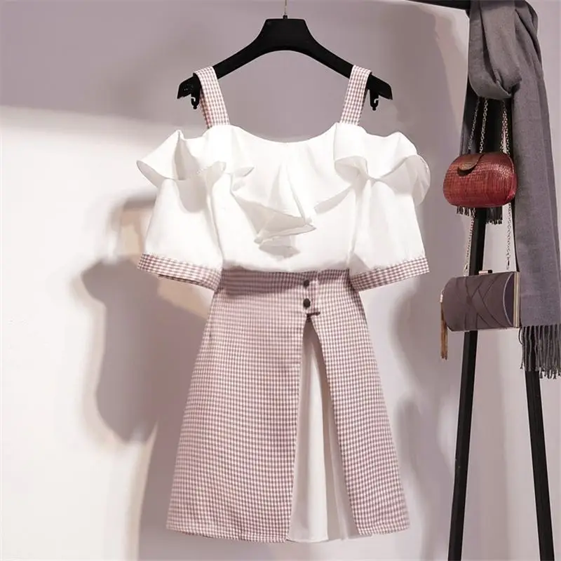 

2019 Summer Women Spaghetti Strap Sweet Ruffles Chiffon Shirt And Plaid Asymmetry Skirt Suit Short Lady Party Elegant Set