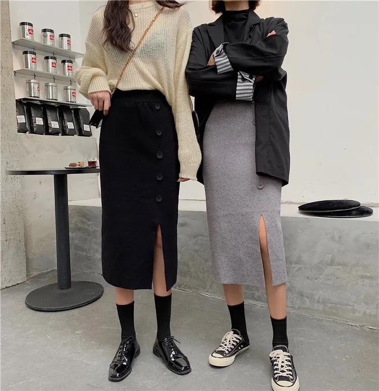 Skirtfaldas mujer moda осень зима корейский стиль женские трикотажные однотонные черные трапециевидные юбки с высокой талией женские