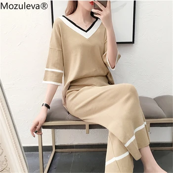 

Women Knitted V Neck Pullover Top + Mid-Calf Length Pants Clothing Set 2020 Summer Woman Knitting Wide Leg Pant 2 Pieces Sets