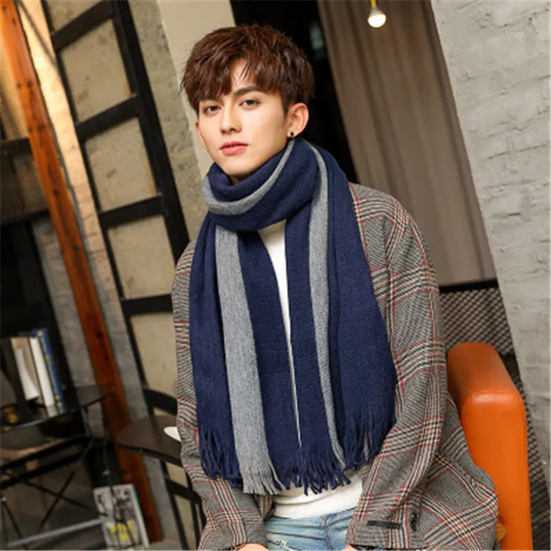 Зимний вязаный кашемировый шарф для мужчин, модная шерстяная шаль в полоску, студенческое зимнее пончо, теплая вязаная Пашмина, мужские шарфы с кисточками