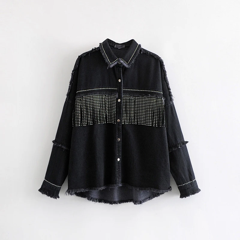 discounted Fashion Tassel Denim Jacket Coat Women Fringe Beaded Patchwork Loose Jacket Long Sleeve Streetwear