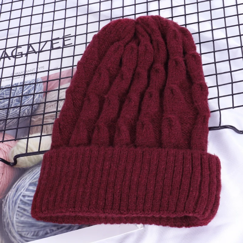 New women's twist knit hat winter warm wool hat ladies peas hedging cap Innocent cap thick warm cotton hat ladies ski mask - Цвет: WINE