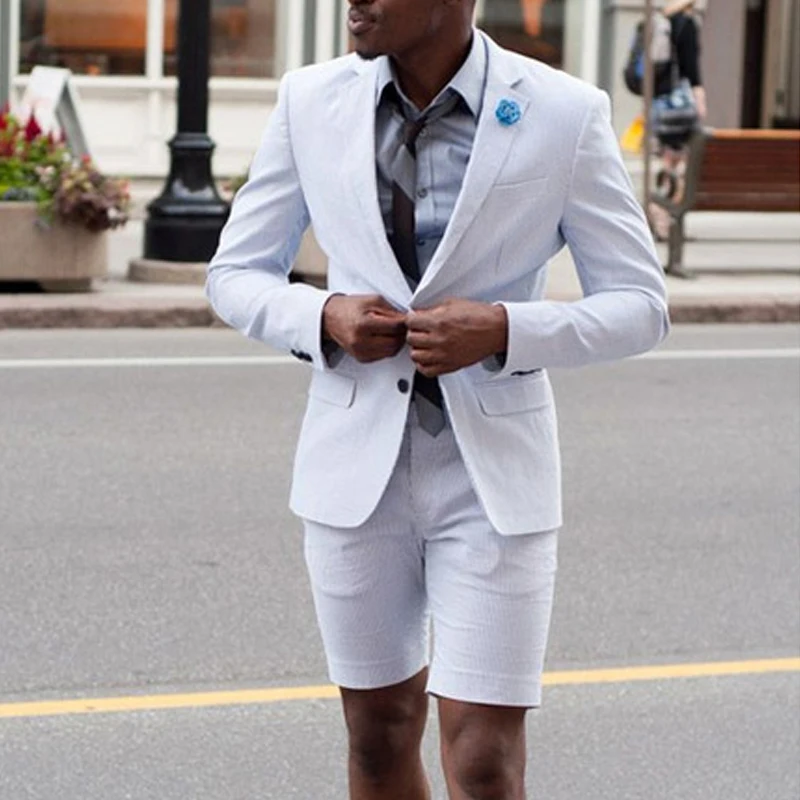 

White Slim Fit Summer Mens Suits for Beach Prom 2 Piece Set Jacket with Short Pants Wedding Groom Tuxedos Male Party Clothes