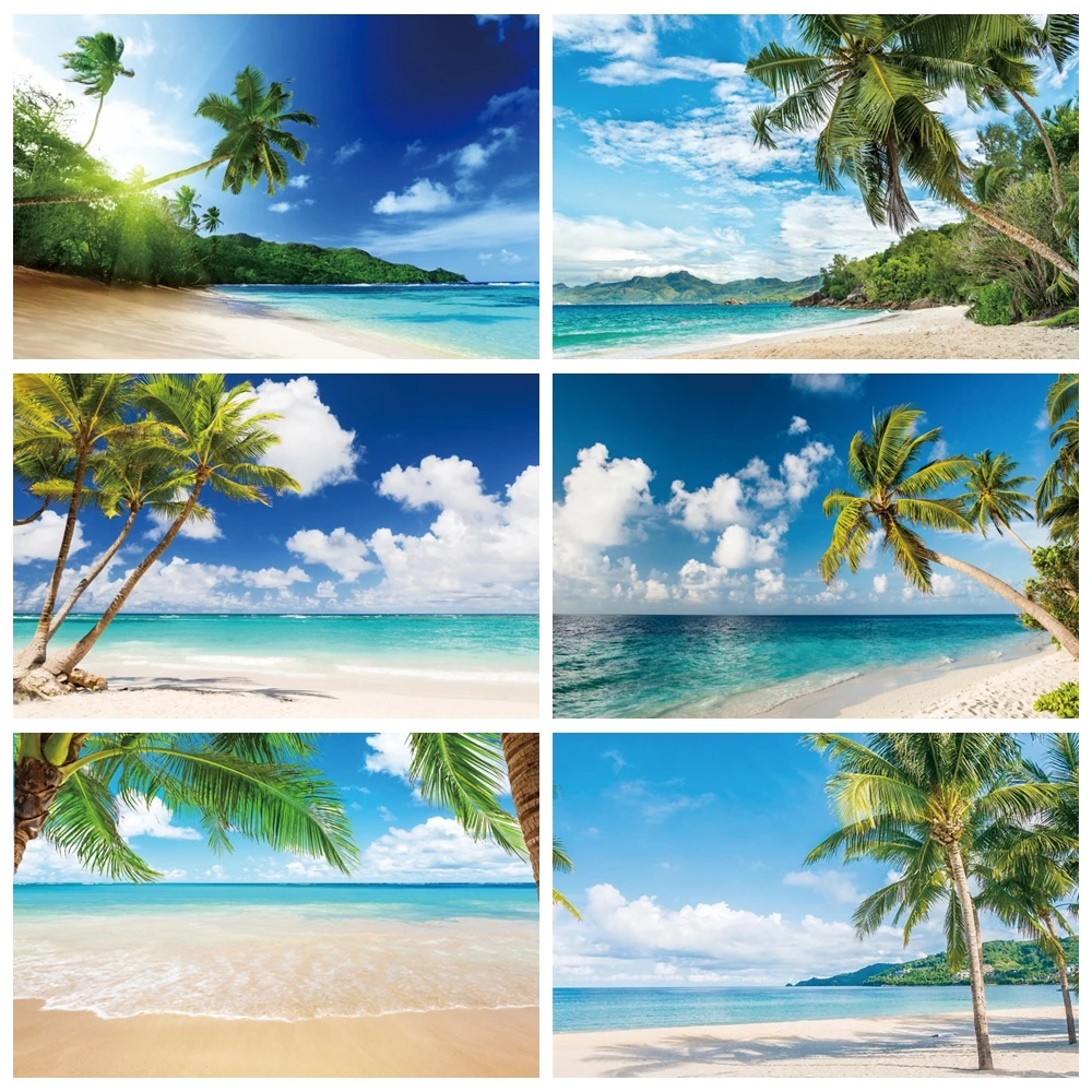 

Laeacco Summer Sea Photo Backdrops Cloudy Sky Palms Trees Beach Party Photography Backgrounds Photophone For Photo Studio Props