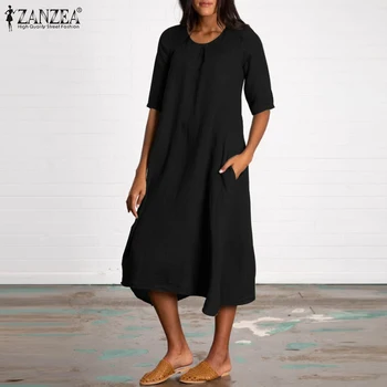 

ZANZEA Women Oversized Long Shirts Dress 2020 Summer Mid-Calf Dress Lady Cotton Casual Vestidos Baggy Midi Dresses Kaftan Robe