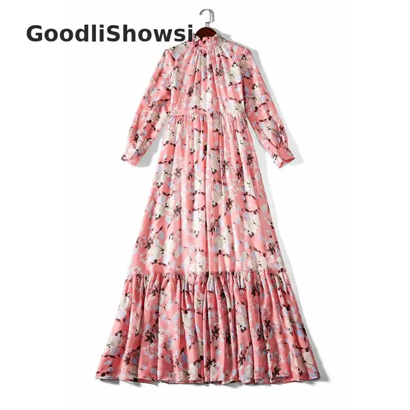 GoodliShowsi, весеннее пасторальное платье для отпуска, плиссированное платье с воротником и длинным рукавом, платье с цветочным рисунком, милое Женское Платье макси с завышенной талией