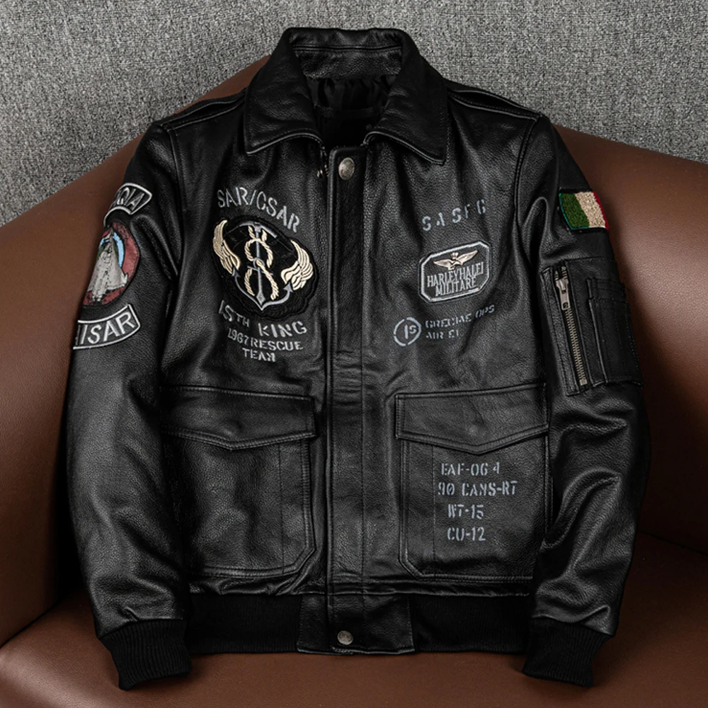 sheepskin coats for sale 2022 New Men’s Flying Suit Genuine Leather Coat Cowhide Leather Indian Embroidery Motorcycle Jackets western sheepskin coat