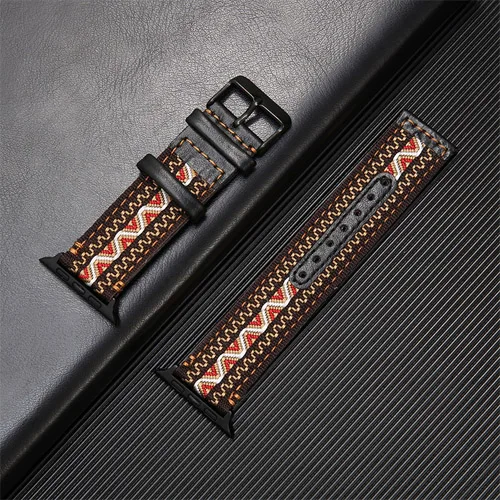 National Wind Fabric+Genuine Leather strap for apple watch band 42mm 38mm 44mm 40mm iwatch series 5/4/3/2/1 bracelet Accessories - Band Color: 1