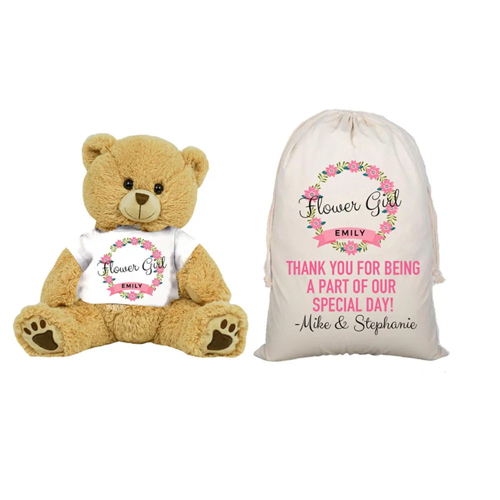 

wedding bear flower girl bear Pageboy and gift bag customize name Thank you message proposal presents will you be ring security