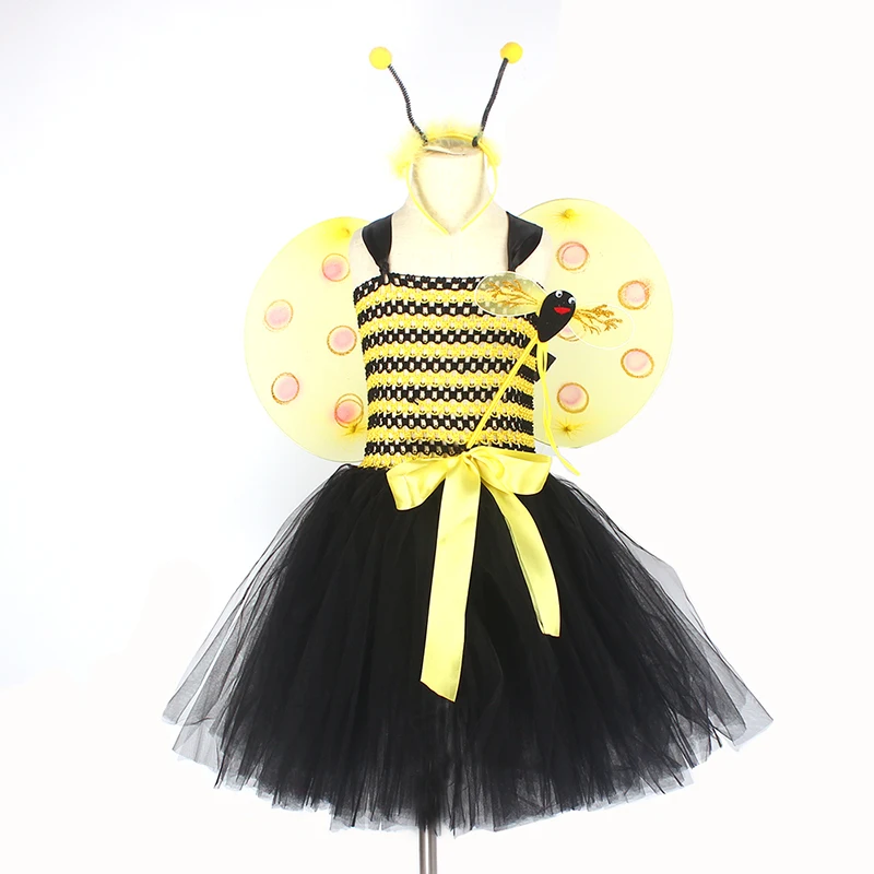 Children Bumble Bee Costume Set Girls Tutu Wings & Headband Yellow Black Kids Fancy Dress Halloween Dress Up Party Clothes (12)
