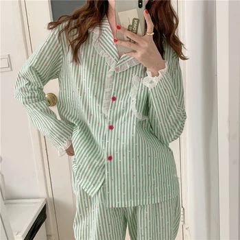 

Alien Kitty 2020 Striped Gentle Two-piece Suits Chic Women Soft Sweet Sleepwear Warm Cute Winter Loose Pajamas Home Clothes