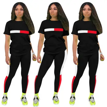 

2020 New Summer Color Block Sexy Two Piece Tracksuit Women Striped Print T-Shirt +Bodycon Long Pants Casual Sweat Suits Set
