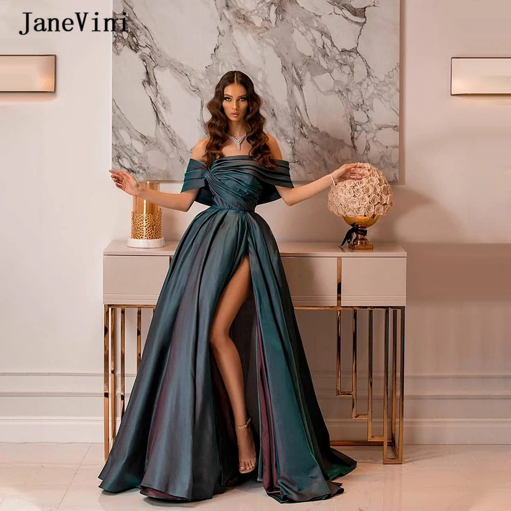 

JaneVini 2020 Elegant Arabic Long Evening Dresses Off Shoulder Sleeveless Sexy High Split Satin Plus Size Dubai Women Party Gown
