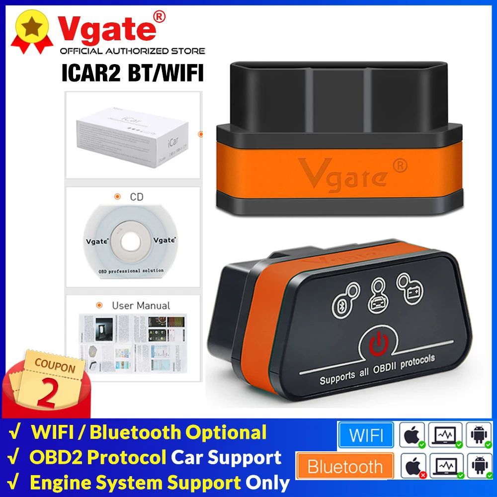 10 шт./лот Vgate iCar2 ELM327 obd2 Bluetooth сканер elm 327 V2.1 Wi-Fi инструменту диагностики для android/IOS