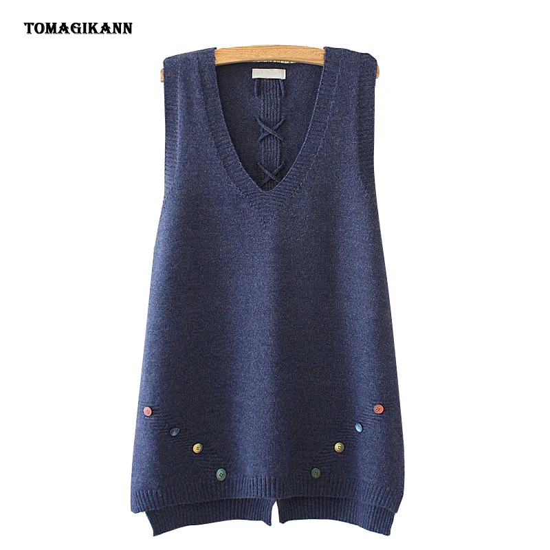 

Sweater Sleeveless Women Vest Colorful Buttons Cross Tieback Waistcoat for Girls 2XL-4XL