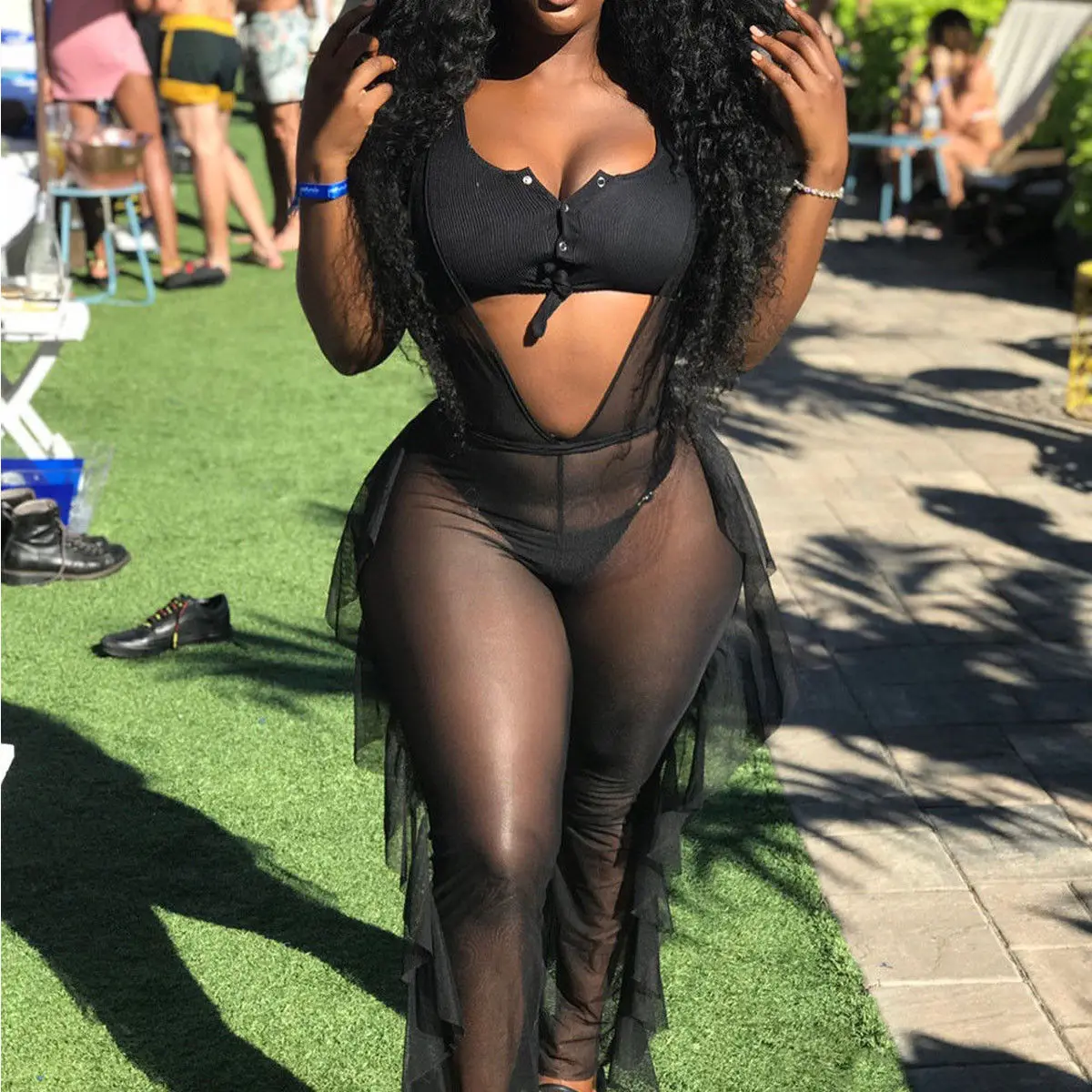 

Long Sleeve Black Lace Jumpsuit Women Sexy See Through Mesh Bodycon Long Pants Romper Club Wear Party One Piece Jumpsuit Outfits