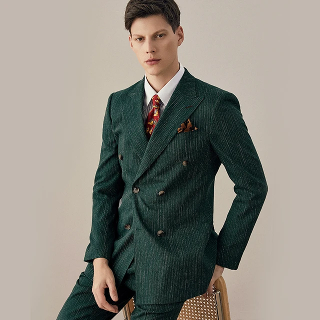 10% Cotton Mens Suits Set 2022 Spring Green Stripe Double Breasted 