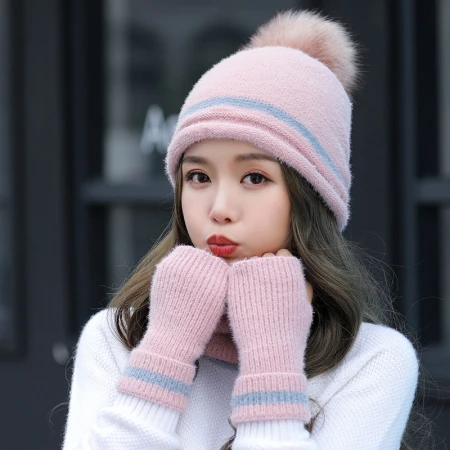 pink HT2674 толстый теплый зимний шарф, шапка, варежки, наборы зимних аксессуаров, женская вязаная шапка и шарф, комплекты для женщин, женские зимние комплекты - Цвет: pink