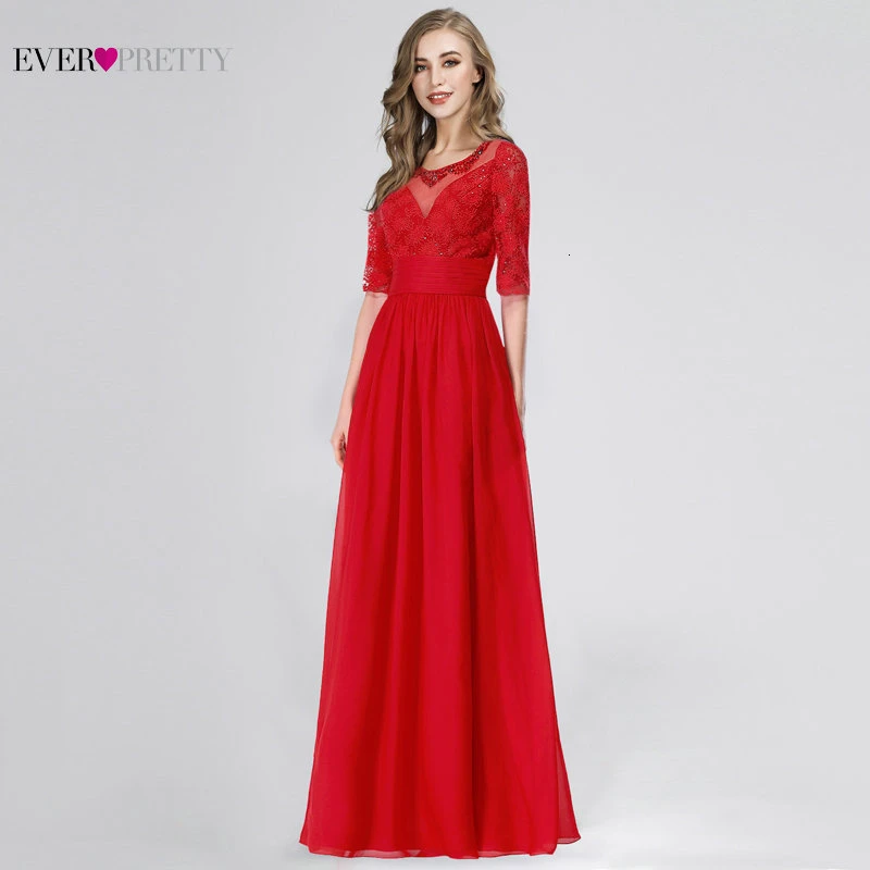 Ever Pretty, винтажное красное вечернее платье, длинное, ТРАПЕЦИЕВИДНОЕ, с круглым вырезом, расшитое бисером, с рукавом три четверти, элегантное, шифоновое, официальное, вечернее платье, Robe De Soiree