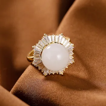 

silver S925 pure silver gold-plated high grade Hetian jade white jade personalized round bead women's open ring ring
