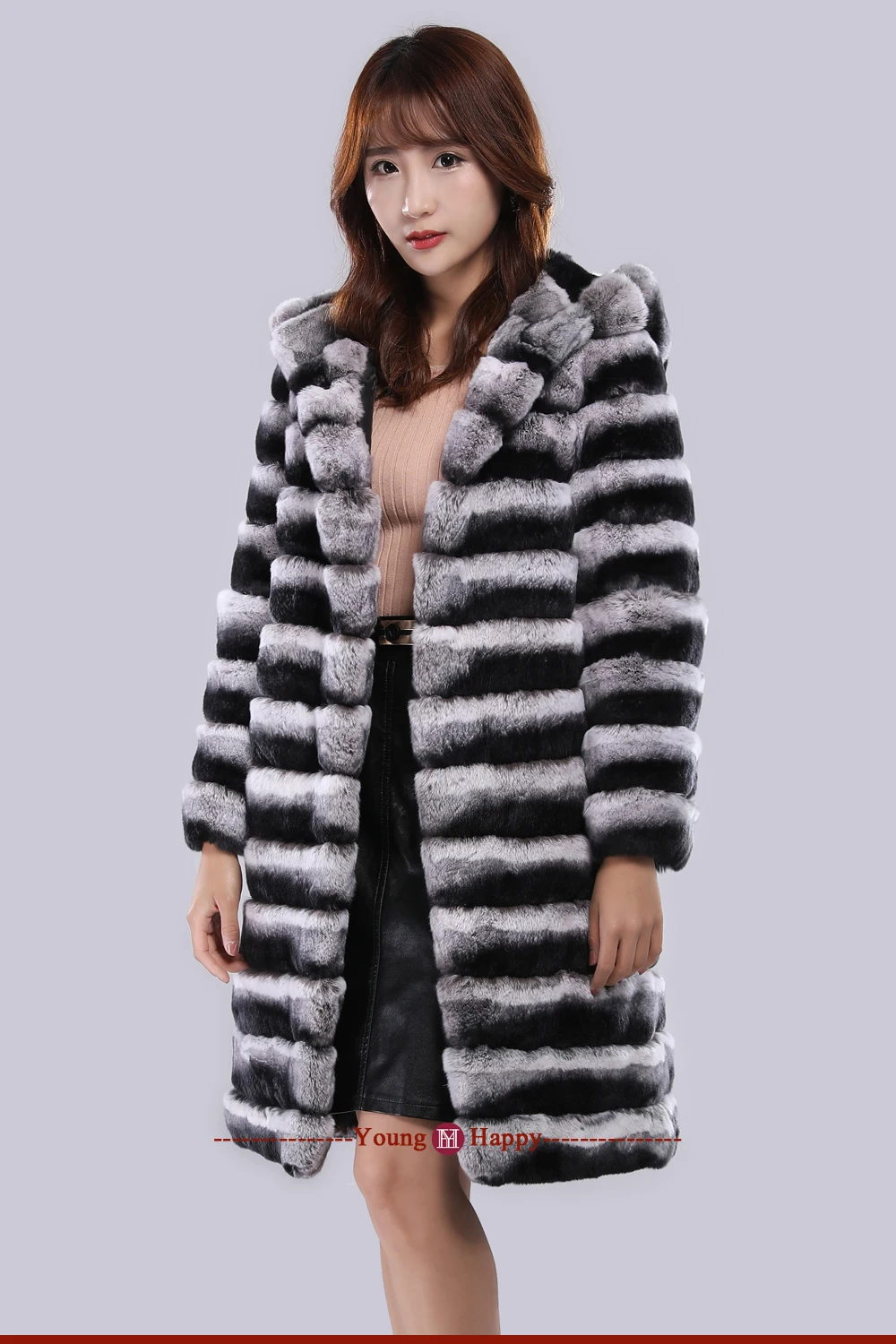 Luxury Brand women real rex rabbit fur coat chinchilla fur overcoat hooded long style striped winter thick fur jacket clothing