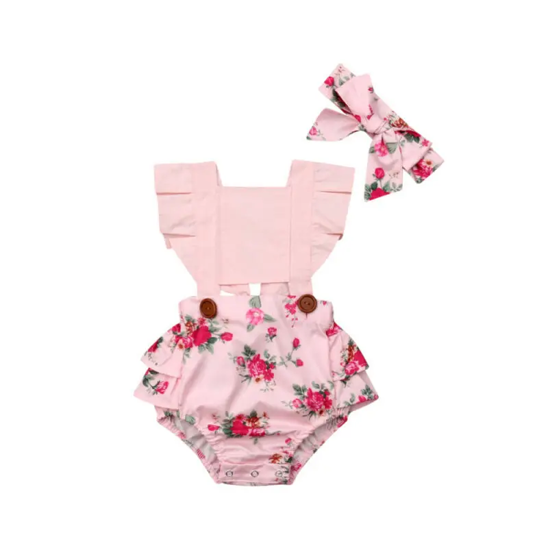 

2Pcs/Set Newborn Infant Baby Girls Floral Backless Romper Jumpsuit One-Piece Sunsuit +Headband Clothes 0-2T