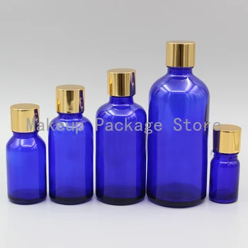 

2/10pcs 5ml 10ml 15ml 20ml 30ml 50ml 100ml Empty Blue Glass Perfum Essential Oil Bottles with Light Gold Aluminum Cover Cap Lid