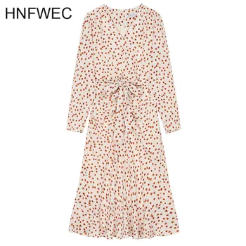 

Spring Autumn 2020 Women Pattern Printed Drawstring Temperament Dress New V-Neck Long Sleeve Loose Fit Fashion Tide T028