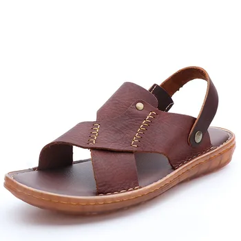 

Summer Slipper Natural Leather Dual Purpose Rubber Sole Casual Sandals men fender summer men genuine leather slippers cowhide