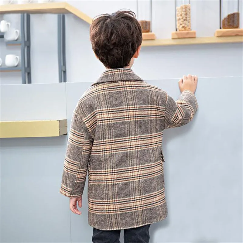 Plus Cotton Jacket For Boys Woolen Coat For Autumn New Fashion Plaid Turn Collar Single-Breasted Kids Trench Clothes 90-160