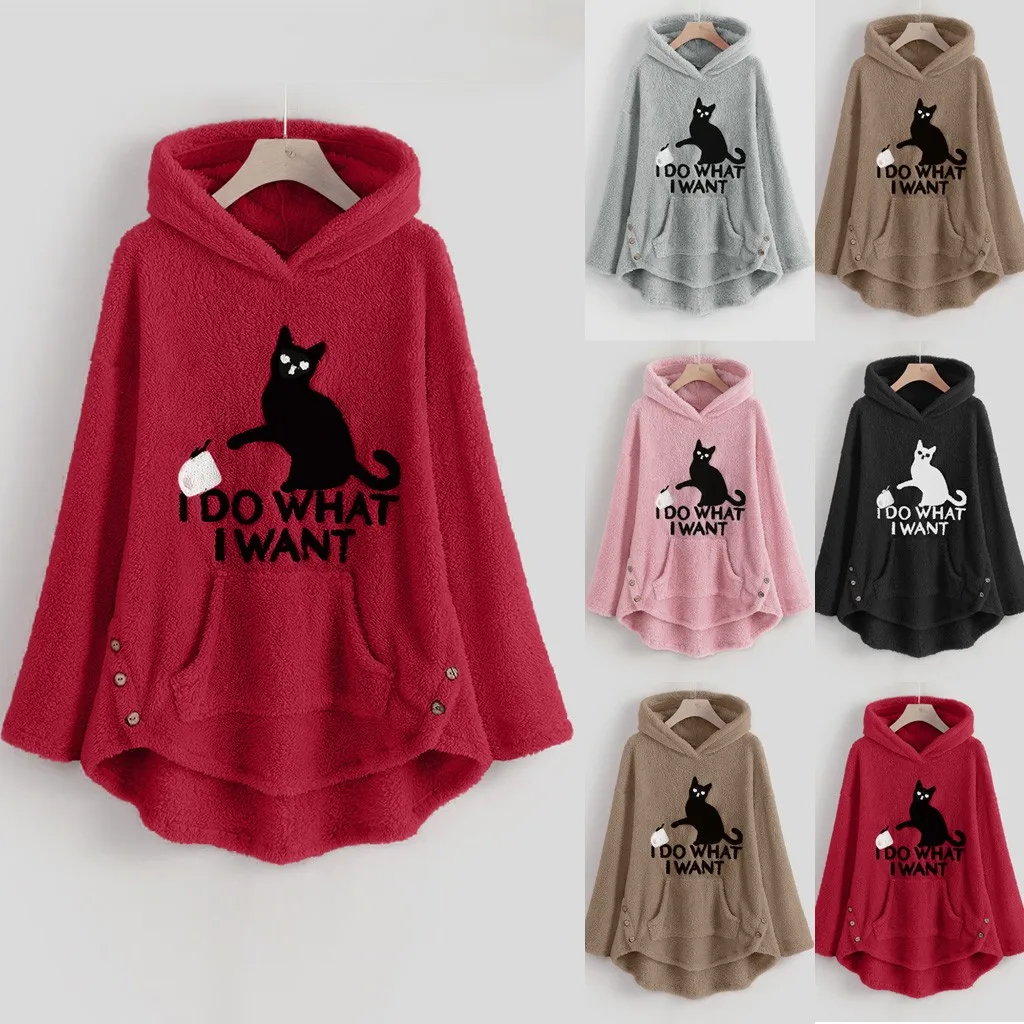 Ropa mujer толстовки женские флисовые с вышивкой кота размера плюс теплая толстовка с пуговицами bluza damsk moletom feminino