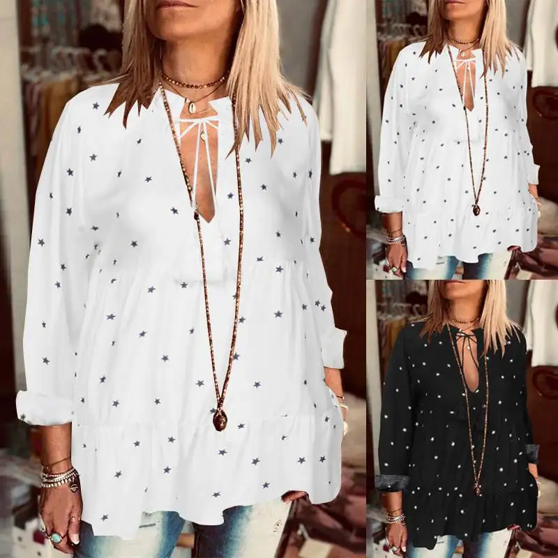 

ZANZEA 2019 Autumn Star Print Blouse Women's Shirt Vintage Ruffles V Neck Top Work Chic Tunic Blusas Feminina Chemise Plus Size