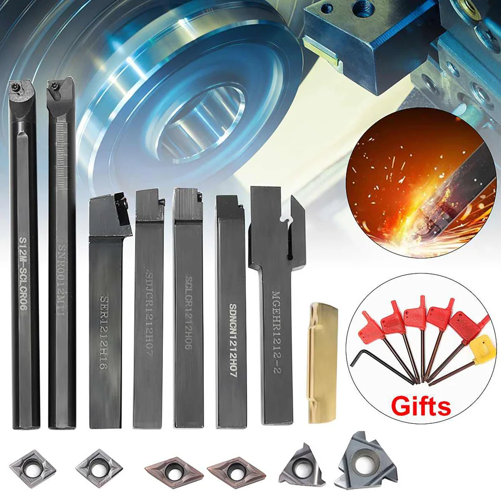 

7 Set 12mm Lathe Turning Tool Holder Boring Bar + 7pcs DCMT CCMT Carbide Inserts light purple coating Suitable for machining st