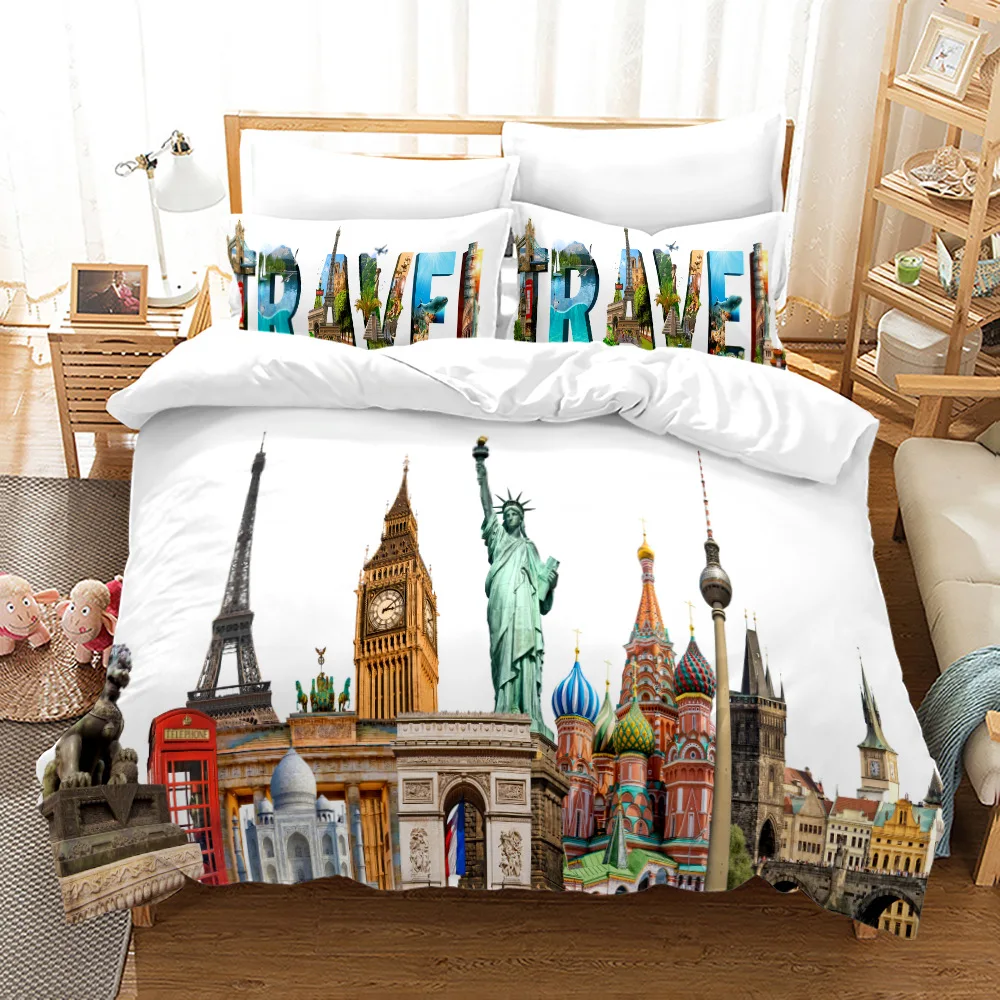 Luxury Famous Building Bedding Set European American Style Duvet Cover Set Quilt Cover Set Pillowcases Twin Queen King Sizes single duvet Bedding Sets