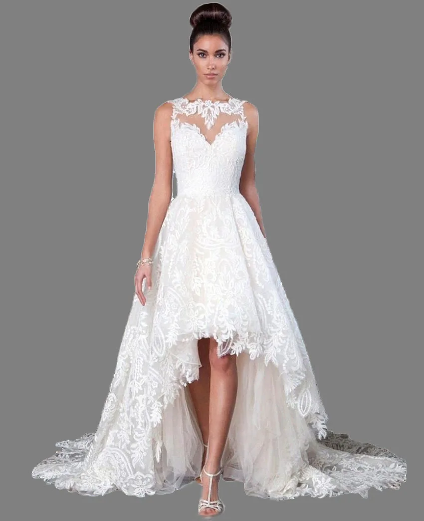 

2019 Chapel Train Elegant Boat Neck High Low Long white / ivory Hi-low Wedding Dress short front long back Bridal Gown Quality