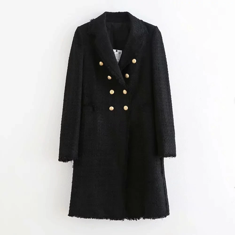 Koop Verdorde winter wollen overjas engeland office lady goud double breasted lange blazers notched zwarte lange jas wollen overjas