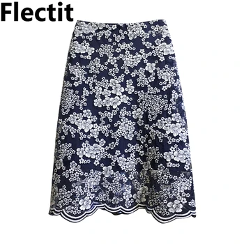 

Flectit Navy Blue Lace Midi Skirt with White Floral Embroidery Vintage Womens Skirt Chinese Style Saia Faldas Mujer *