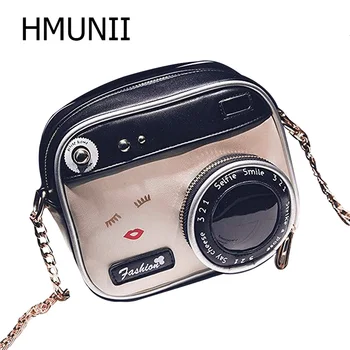 

HMUNII Brand Fashion Women Camera Shape Zipper Bag Small Cute Long Shoulder Bag Lady Handbag Messenger Bag with Chain Female