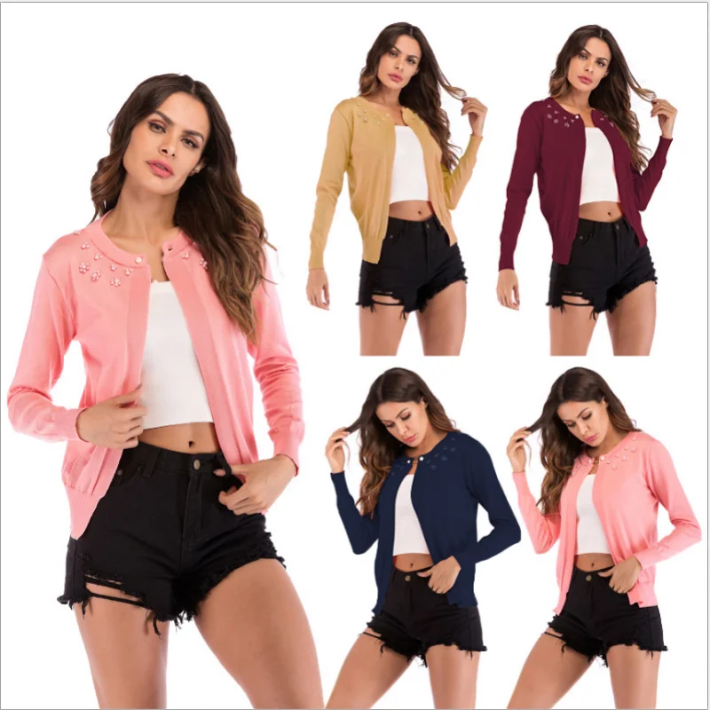 

Women Beaded Knitted Cardigan Sweater Winter Autumn 2020 Fashion Knitted Sweaters Female Outwear Casual Tops
