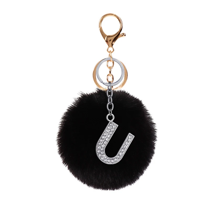 Czsycdsf Crystal Initial Letter A-Z Puff Fur Ball Keychain Black Pom Pom  Keyring