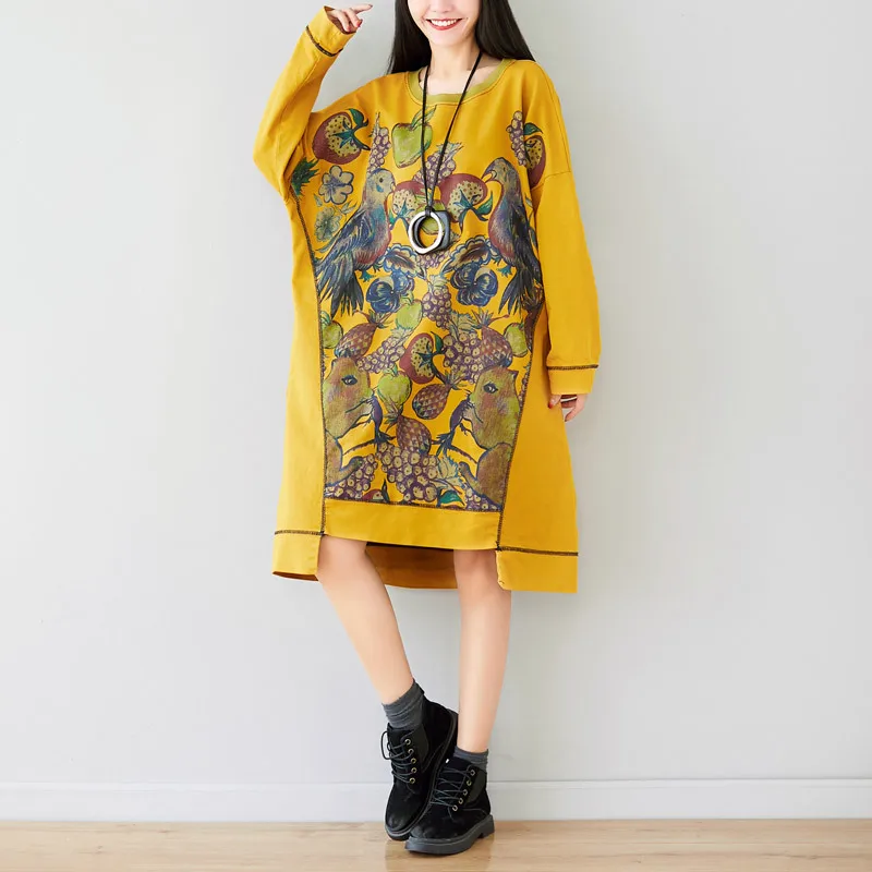 

Johnature Floral Print O-neck Pockets Irregular New Plus Size Dress 2019 Autumn Fashion Loose Retro Long Sleeve Female Dresses