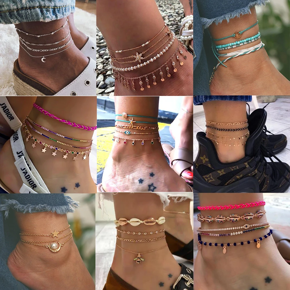 HuaTang Boho Shell Colorful Crystal Pendant Anklets Set for Women Multilayers Moon Star Rope Chains Female Summer Beach Jewelry HuaTang Boho Shell Colorful Crystal Pendant Anklets Set for Women Multilayers Moon Star Rope Chains Female Summer Beach Jewelry
