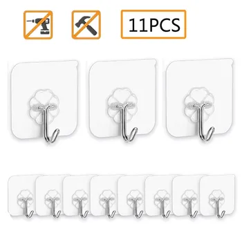 

11PCS Paste Hooks Strong Transparent Seamless Hooks Kitchen Bathroom Hanger Holder Wall Hanging Hooks #BL2
