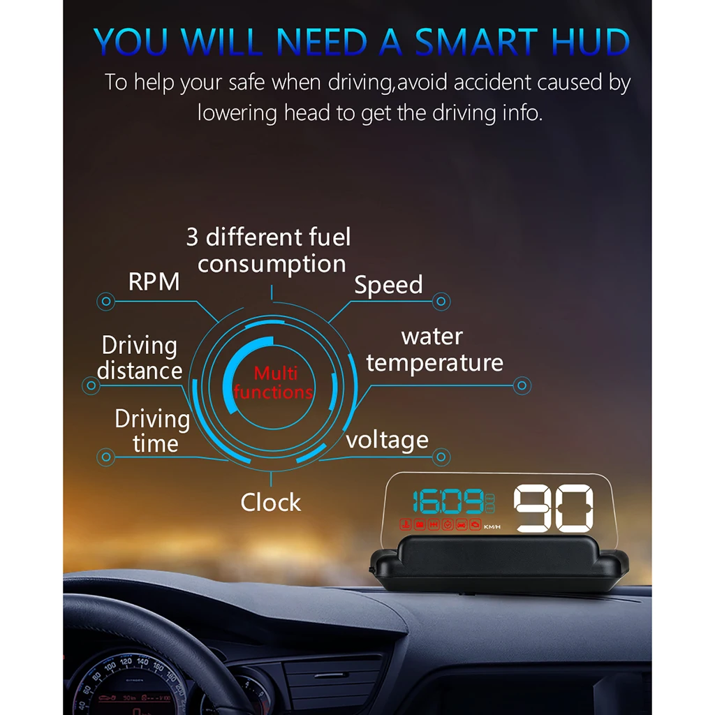 HUD Mirror Car LED Head Up Display Windshield Speed Projector Security Alarm Water Temp Overspeed KMH RPM Voltage Speedometer