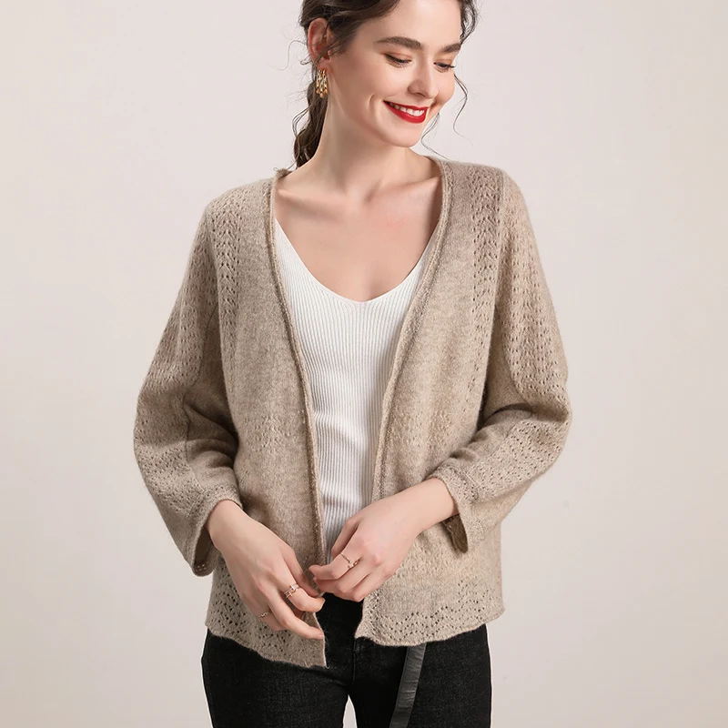 100% Wool Knitting Cardigans for Women Loose Three Quarter Sleeve Vneck Female Sweaters 2020 New spring Woolen Clothes 100% Wool Knitting Cardigans for Women Loose Three Quarter Sleeve Vneck Female Sweaters 2020 New spring Woolen Clothes