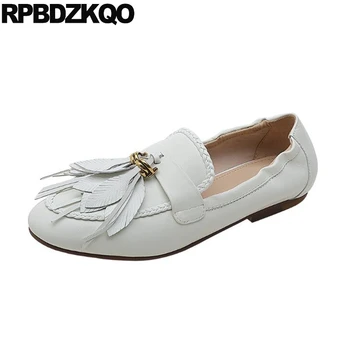 

women oxford with tassel shoes metal black white flats genuine leather designer handmade factory direct round toe loafers fringe