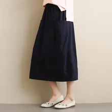 Женская летняя юбка в стиле ретро, однотонная, с карманами, хлопковая, повседневная, с разрезом, повседневная, свободная, льняная, модная, до середины икры, юбка# G3