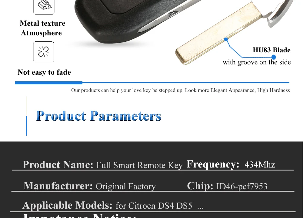 Keyforkess per Citroen DS4 DS5 433MHz PCF7953 ID46 Hitag2 Chip di Smart Keyless Go VA2 HU83 Ricambi Originali Chiave A Distanza 3BTN Originale Della Fabbrica 10 Keyforkess per Citroen DS4 DS5 433MHz PCF7953 ID46 Hitag2 Chip di Smart Keyless Go VA2 HU83 Ricambi Originali Chiave A Distanza 3BTN Originale Della Fabbrica - Hb901146b51d94fc18ad6ae2ddb559254F
